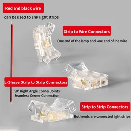 Clearhill 2Pin Transparent Solderless 8mm COB LED Strip Connector Corner Kit,Strip to Wire 4P,Strip to Strip 12P,L-Shape 2P,Red and Black Wire 4P,for 5V 12V 24V LED Strips