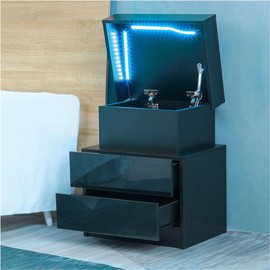 LED Nightstand Modern Nightstand with Led Lights Wood Led Bedside Table Nightstand with 2 High Gloss Drawers for Bedroom - option: Black + Particle Board + ABS+PC
