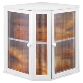 GLOKUUCA Corner Bread Box for Kitchen Countertop - Bamboo Large Capacity Bread Storage Bin with Acrylic Wavy Door Panel,Dual Door Bread Organizers Under Cabinet Mount Shelf (White)