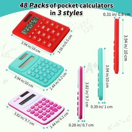 48 Pcs Pocket Calculator Small Basic Standard Calculator Mini Colored 8 Digit Handheld 4 Function Calculator for Students Kids School Teacher Desktop Home Office, 3 Designs
