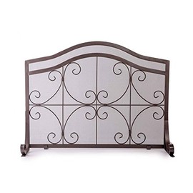 Plow & Hearth Small Crest Flat Guard Fireplace Screen, Solid Wrought Iron Frame with Metal Mesh, Decorative Scroll Design, Free Standing Spark Guard 38 W x 31 H x 13 D, Copper Finish