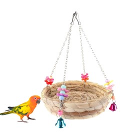DVOFU Parrot Nest Bird Parrot Toy Natural Rattan Nest Straw Nest Bed Swing with 4 Metal Bells for Lovebird Finch Canary Budgie