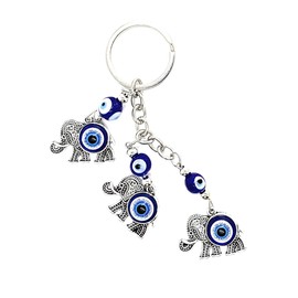 Bravo Team 3 Silver Elephant and Evil Eye Keychain Ring, Sign of Protection & Blessing, Evil Eye Charm as Home Keys, Purse & Bags Decorative Accessories, Car Swinging Ornament
