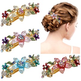 inSowni 4 Pieces Vintage Gold Metal Sparkly Rhinestone Flower French Hair Barrettes Floral Snap Hair Clips Clasps Accessories for Women Girls