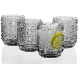 Red Co. Vintage Botanist Drinking Glass Set, Luxurious Floral Embossed Decorative Grеy Glassware, Set of 4, 4-inch, 12 oz