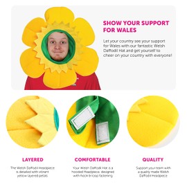 WELSH DAFFODIL HAT FOOTBALL RUGBY - YELLOW DAFFODIL HAT WITH ATTACHED YELLOW HOOD - WORLD CUP FANCY DRESS ACCESSORY HAT WALES WELSH SPORT SUPPORTER HAT