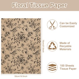 RUSPEPA Floral Tissue Paper, Black Vintage Hand-Drawn Flower Design on Brown Background Wrapping Tissue for Gift Bags, Bouquet Packaging, Wedding, Birthday, Art Crafts, 19.5 x 27.5 Inches, 25 Sheets