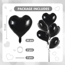 TONIFUL 30Pcs 18 Inch Black Heart Balloons Black Heart Shape Foil Mylar Balloons Decoration for Birthday Valentine's Day Wedding Bridal Shower Anniversary Engagement Party Supplies
