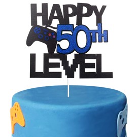 Decoración para tartas de video juego para decoración de cumpleaños de nivel 50 feliz – Decoración para tartas de video cumpleaños 50 con purpurina – Nivel de jugador 50 desbloqueado para fiestas de cumpleaños