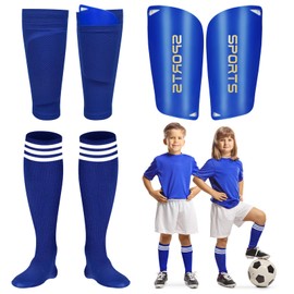 Gosodeny Soccer Shin Pads Set with Shin Sleeves and Long Soccer Socks, Blue, Medium, Unisex, Soccer, SHIN GUARD, EVA