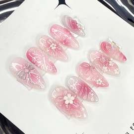 24Pcs Almond Press on Nails Medium, 3D Pink Flower Butterfly Design Fake Nails, Cat Eye Glitter French False Nails, Artificial Glue on Nail, Natural Handmade Stick on Nail for Women Girls Daily Wear