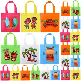 Tallew 24 Pcs Hawaiian Aloha Gift Bags Tiki Luau Party Favor Bags with Handles Non Woven Tropical Goodie Candy Treat Presents for Summer Theme Party Supplies