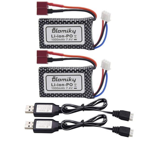 Blomiky 2 Pack 7.4V 2S 30C 1000mAh 7.4Wh Lipo Battery T Plug and USB Charger Cable Suitable for HBX 16889 16890A and XLH Q903 Q901 Q902 1/16 Scale 2845 Brushless Racing RC Truck / Q903 Battery 2