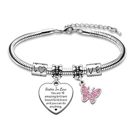 AMZQ Sister In Law Bracelet Inspirational Charm Pink Butterfly Gifts Sister In Law Christmas Birthday Gift You Are Amazing Brilliant Beautiful & Brave And You Can Do Anything…