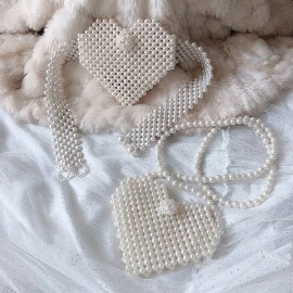 Mhy Line Handmade Beaded Bag Cute Summer White Heart Beaded Bag