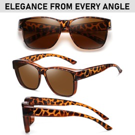 Charfia Overwear Men and Women, Over Glasses for Glasses Wearers, Over Normal Glasses, Polarised Sunglasses for Glasses Wearers, UV400 Protection (Leopard)
