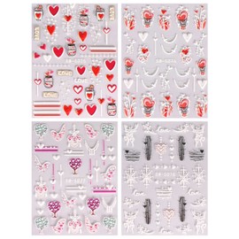 JMEOWIO 3D Embossed Valentines Day Nail Art Stickers Decals Self-Adhesive Pegatinas Uñas 5D Love Heart Nail Supplies Nail Art Design Decoration Accessories 4 Sheets
