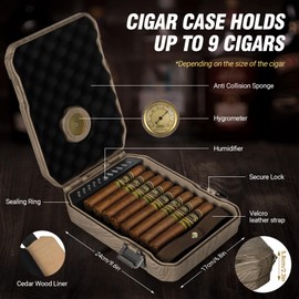 AWOTE Travel Cigar Humidor Case - Cedar Lined, V Cut Cutter, Portable Humidor with Humidifier & Hygrometer, Holds 7-9 Cigars, Includes Lighter - Gift Set