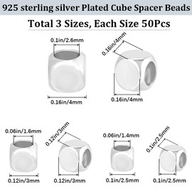 CREATCABIN Pack of 150 Cube Spacer Beads, 925 Squareless Cube Beads Made of Sterling Silver, Loose, 3 Sizes, Stackable Small Metal Beads, Smooth Beads for Summer Hawaiian Bracelet, Necklace 4/3/2.5 mm