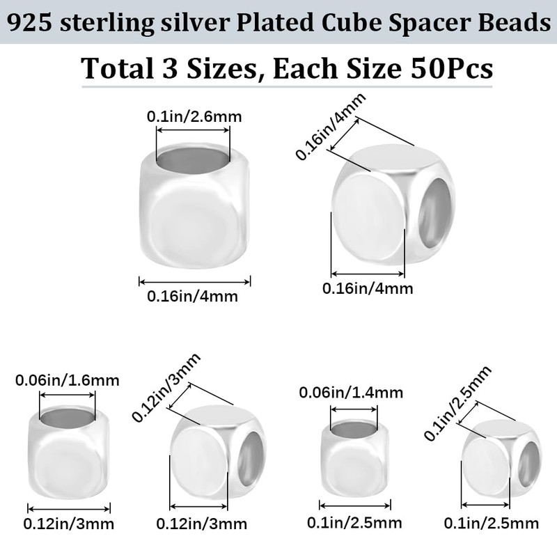 CREATCABIN Pack of 150 Cube Spacer Beads, 925 Squareless Cube