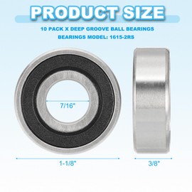 PATIKIL 1615-2RS Deep Groove Ball Bearing 7/16" x 1-1/8" x 3/8", 10 Pack Double Rubber Sealed Miniature Bearings for Electric Motor Industrial Machine, Black&Silver