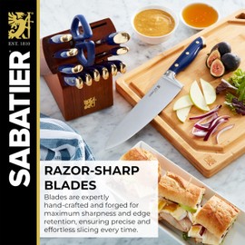 Sabatier 14-Piece Forged Triple Rivet Knife Set with Acacia Block, Navy with Gold, High-Carbon Stainless Steel Blades for Precision Cutting