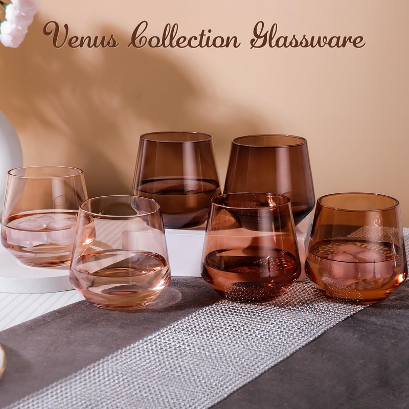 Colorsavant Venus Stemless Brown Wine Glasses Set 6-14oz, Melanin Colored,