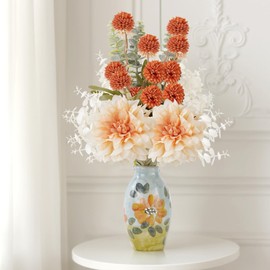 ZYZEV Fake Flowers with Small Hand-Painted Vase,17" Champagne Artificial Flowers Bouquet in Ceramic Vase,Silk Flower Eucalyptus Arrangements for Home Dining Living Room Office Coffee Table Decorations