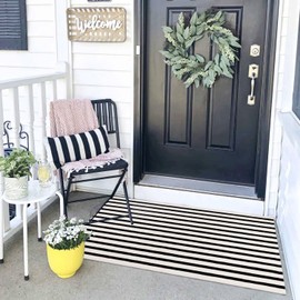 Caknowow Front Door Mat Outdoor Checkered Outdoor Rug Cotton Handwoven Welcome Mat Outdoor Porch Rug Outdoor Mats for Entrance Front Door Balcony(2x4.2ft)