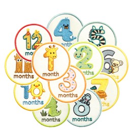 HEYTRCO 12PCS Baby Monthly Milestone Iron on Patches, Animal Themed Month Markers Embroidered Badges for Baby Growth Tracking, Photo Props, DIY Baby Clothes, Baby Shower