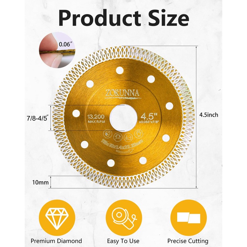 ZORUNNA Diamond Saw Blades,Super Thin 4.5" Diamond Blade for Grinder,