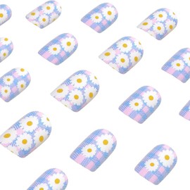 Press On Nails Short Square Spring Fake Nails Blue Grid Floral Daisy Design False Nail French Tips Glossy Full Cover Acrylic Artificial Glue On Nails Reusable Stick On Nails For Women 24PCS