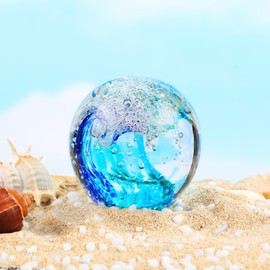 YWHL Hand Blown Ocean Decor Glass Waves Figurines Ball, Ocean Themed Gifts for Women Men, Sea Glass Decoration Collectible Figurines Paperweight for Home Office Decor