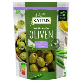 Kattus - Hojiblanca Olives with Thyme and Garlic | Green Olives without Stone | in Resealable Bag | 120 g in Bag