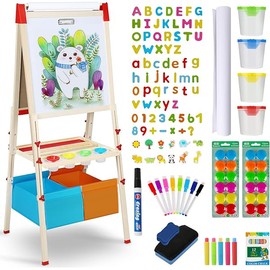 Easel for Kids,3 in 1 Adjustable Kids Art Drawing Easel Set,130+ Art Supplies,Wooden Double Sided Magnetic Chalkboard and White Board with Paper Roll,Painting for Aged 2-4,5-7,8-12