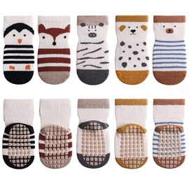 YANWANG 5 Pairs Baby Non-Slip Socks, Cute Cartoon Crew Socks with Grips for Toddlers Boys/Girls, 6-Dog