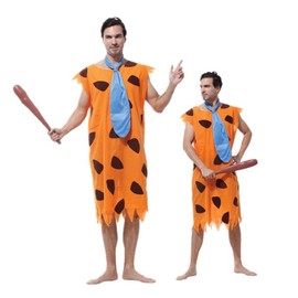 Adult Fred Flintstone Costume, Orange Prehistoric Dress with Blue Tie, One Size