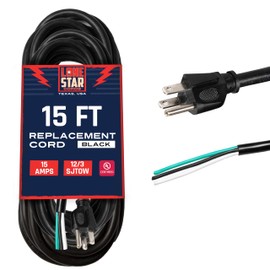 Lone Star 12 AWG Replacement Cord with Open End - 15 Ft Power Cable for Appliances - 15 Amp, 12/3 SJT, NEMA 5-15P, 3 Prong Power Cord - Texas Based American Business