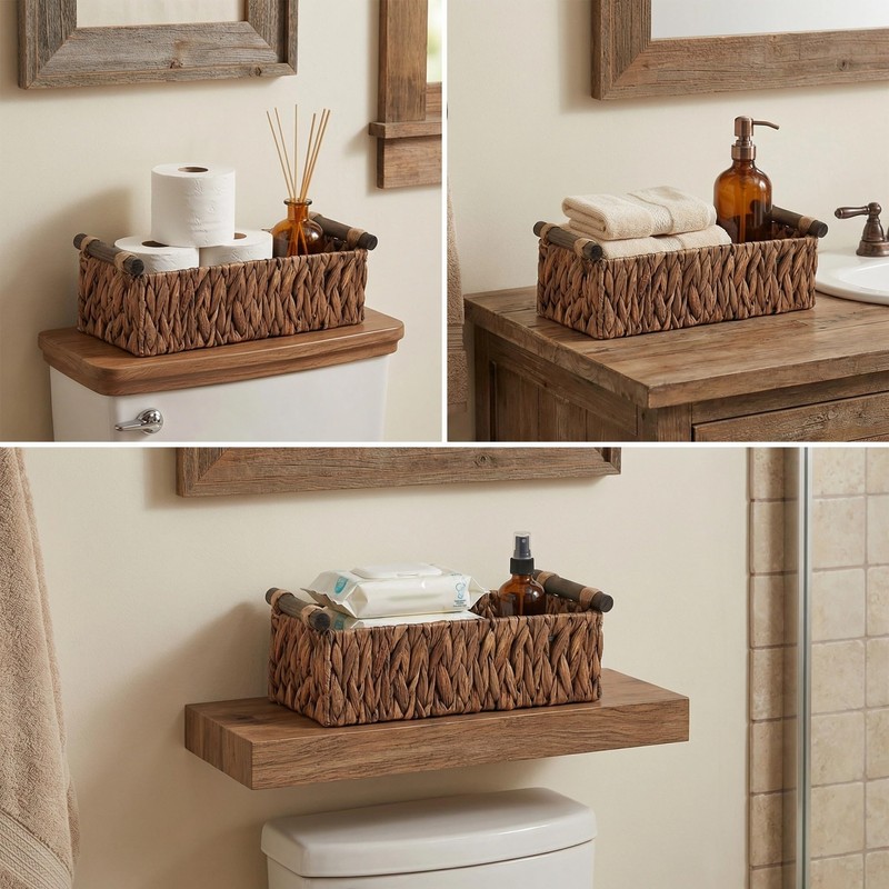 Rattanzenith Water Hyacinth Toilet Tank Basket with Wood Handles, Brown