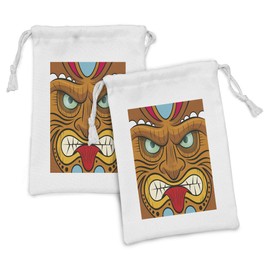 Ambesonne Tiki Bar Fabric Pouch Set of 2, Cartoon Style Angry Looking Tiki Warrior Colorful Totem Culture Print, Small Drawstring Bag for Toiletries Masks and Favors, 9" x 6", Multicolor