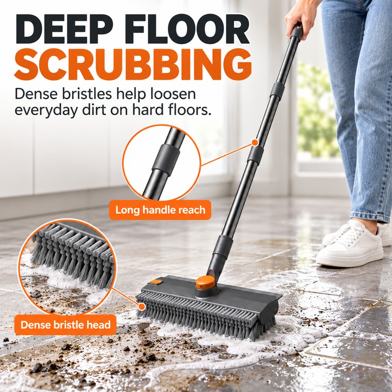 3-in-1 Floor Scrub Brush for Household Cleaning – Long Handle