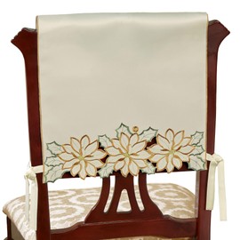 Winter Poinsettia Luxury Holiday Chair Cover Set of Two | Elegant Ivory Polyester Satin | Handcrafted Cutwork Poinsettia Flowers with Embroidery | Decorates Dining Chairs for Christmas Entertaining