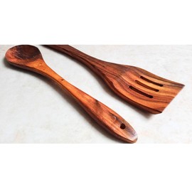 Large Wooden Spoons for Cooking with Stand | Original Sheesham Wood Turner Spatula Nonstick Kitchen Utensils Set of 7