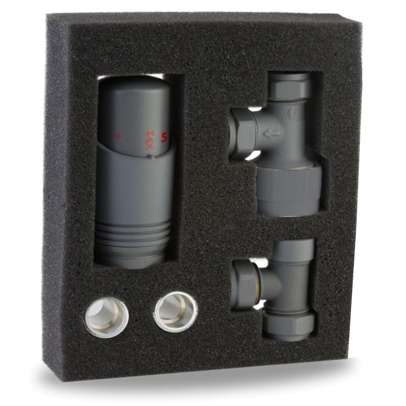 SVNR Thermostatic Radiator Valves (TRV), Textured Anthracite Grey, Angled Lockshield