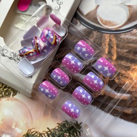 Pink Press on Nails Short Square Fake Nails Pink Purple False Nails with Cute Rainbow Designs White Star Glue on Nails Stick on Nails Full Cover Cute Acrylic Nails Glossy Artificial Nails
