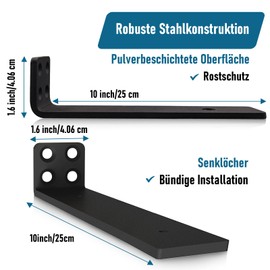 Pack of 4 Floating Shelf Brackets, 25 cm Floating Shelf Brackets, Shelf Brackets, Heavy Duty Shelf Brackets, Metal Wall Brackets for Wall Mounting, Black