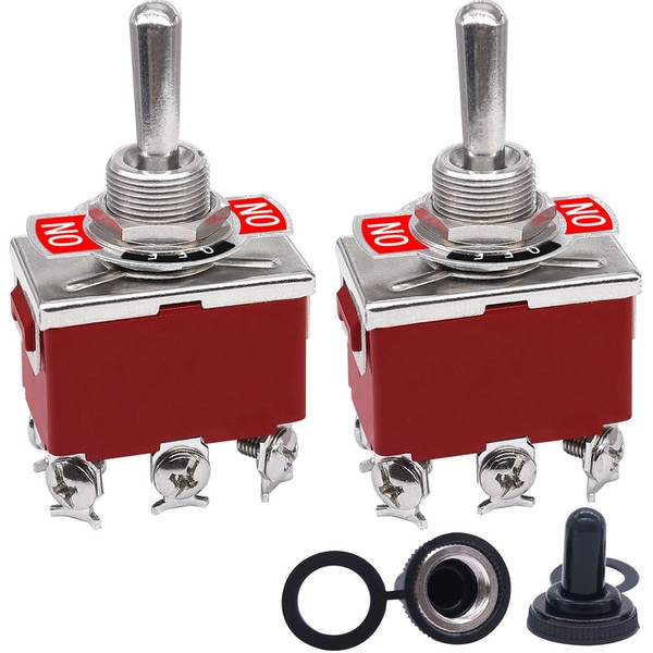 Taiss 2pcs Momentary Toggle Switch DPDT (ON)-Off-(ON) 6 Terminal 3 Position Toggle Switches 12V Heavy Duty Rocker Toggle Switch with Waterproof Cap KL-C223