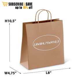 Amiff Paper bags Shopping bags. Pack of 25 grocery bags 8 x 4.75 x 10.5. Natural Brown color. Reusable Kraft paper bag with handles. Wholesale bulk & retail merchandise. Carry & handle gift.