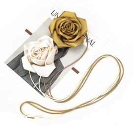 ILuvatar Handmade Flower Sash Belt for women Wedding Party Fashion Knot waist rope Beige+Light Gold 2pcs