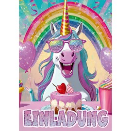 Moosthaler Glitter Unicorn Invitation Cards Children's Birthday Girls (Pack of 12) - Funny Rainbow Birthday Invitations with Real Glitter Lacquer - Unicorn Decoration Children's Birthday Party